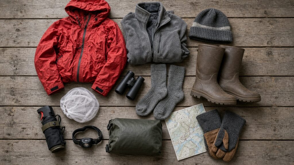Layering clothes, rubber boots, bear spray, head net and other Alaska trip essentials