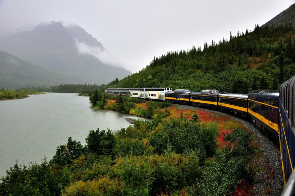The Alaska Railroad Denali Star rounding a curve
