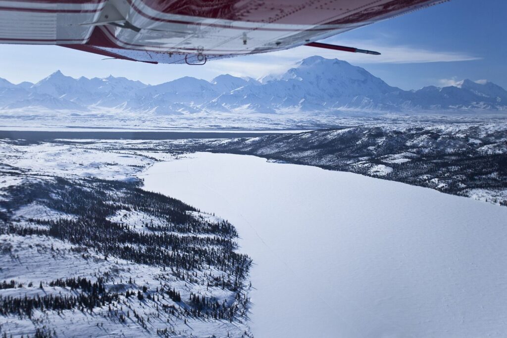 Aerial view of the Alaska Range and Wonder Lake, Denali National Park